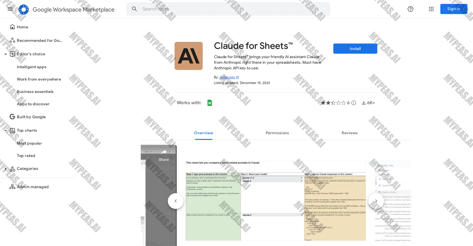 Claude for Sheets screenshot