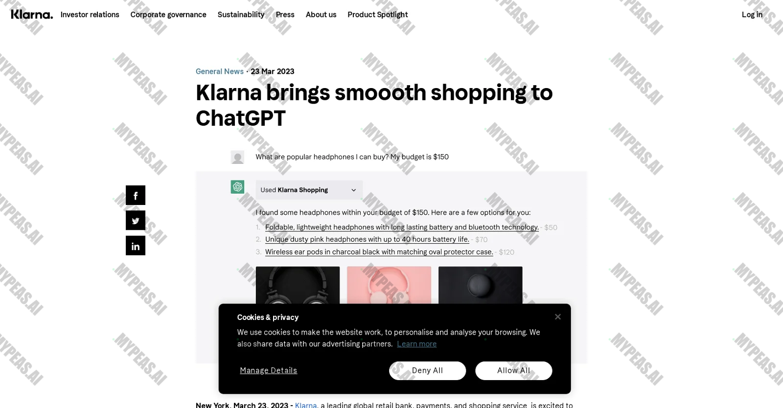 Klarna ChatGPT plugin screenshot