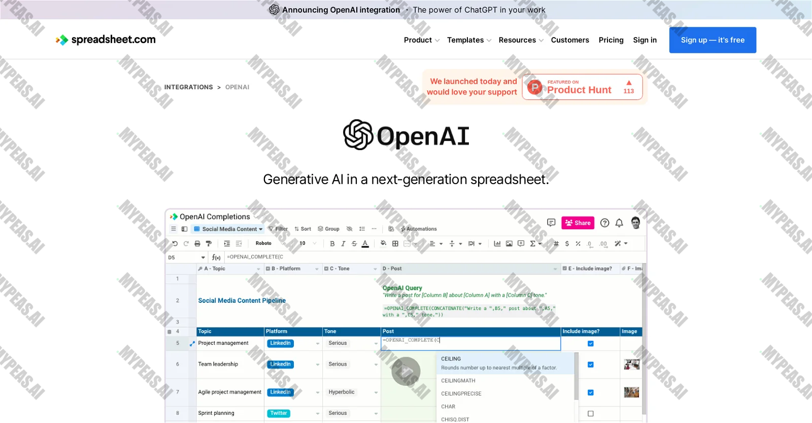 OpenAI in Spreadsheet screenshot