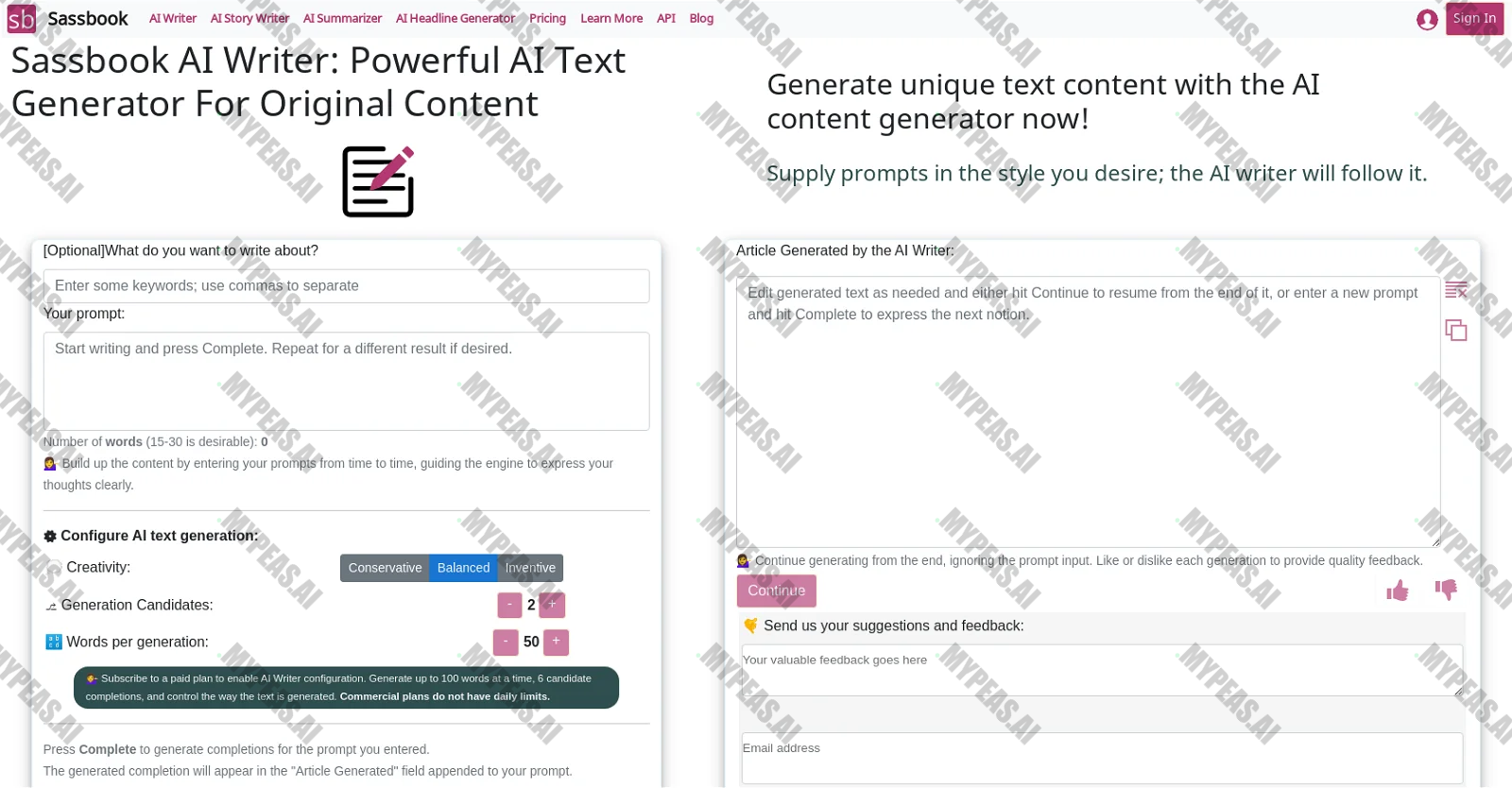 Sassbook AI Writer screenshot